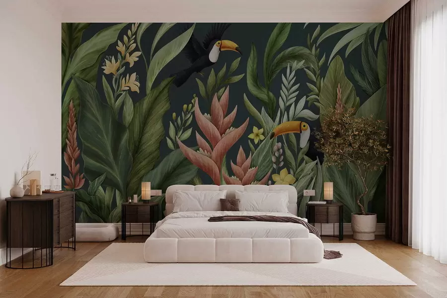 murais de parede Plantas tropicais e aves de bico grande sobre fundo escuro w05088v2