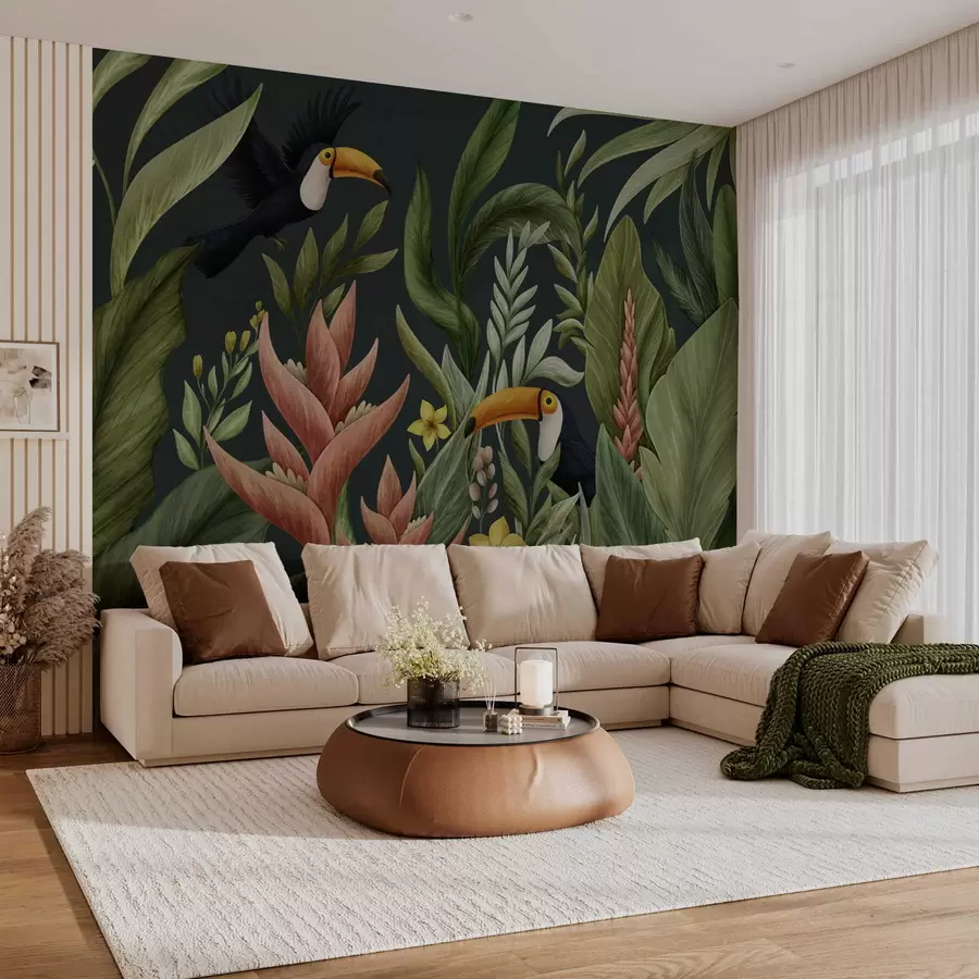 murais de parede Plantas tropicais e aves de bico grande sobre fundo escuro w05088v2
