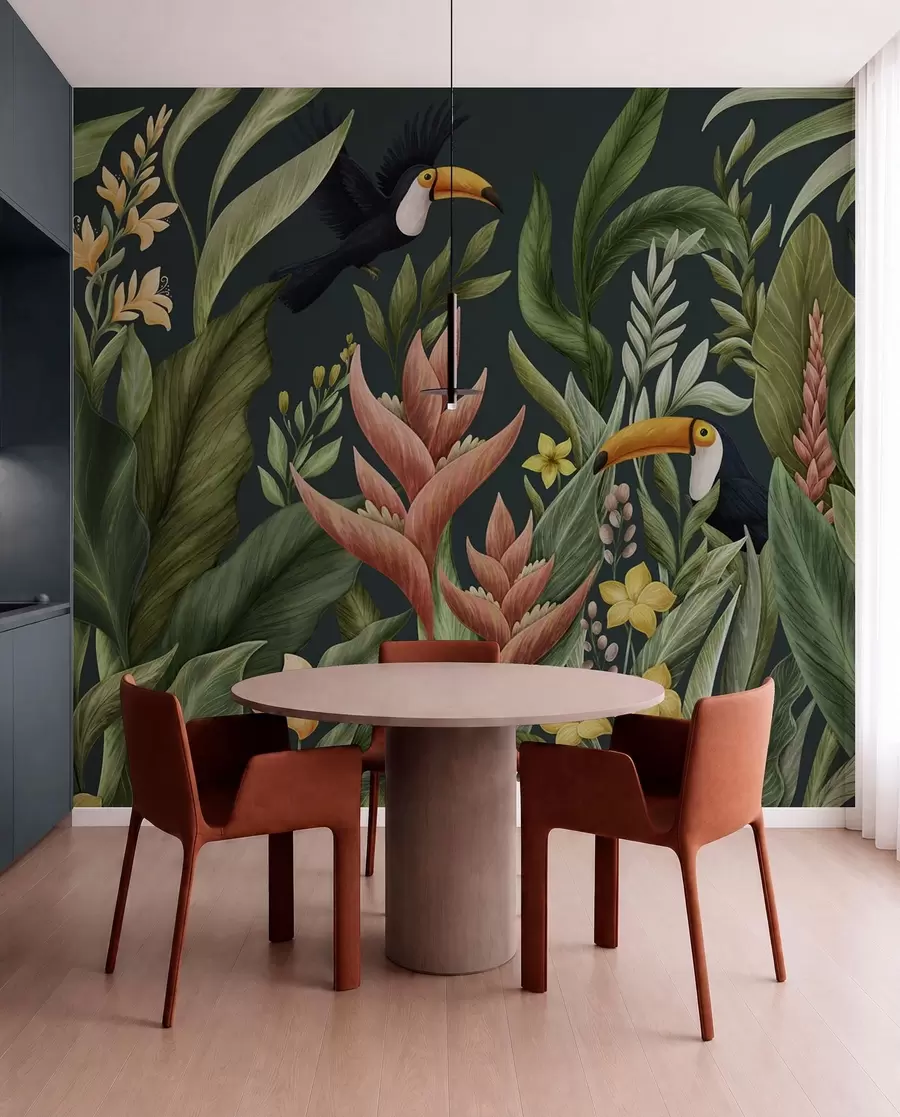 murais de parede Plantas tropicais e aves de bico grande sobre fundo escuro w05088v2