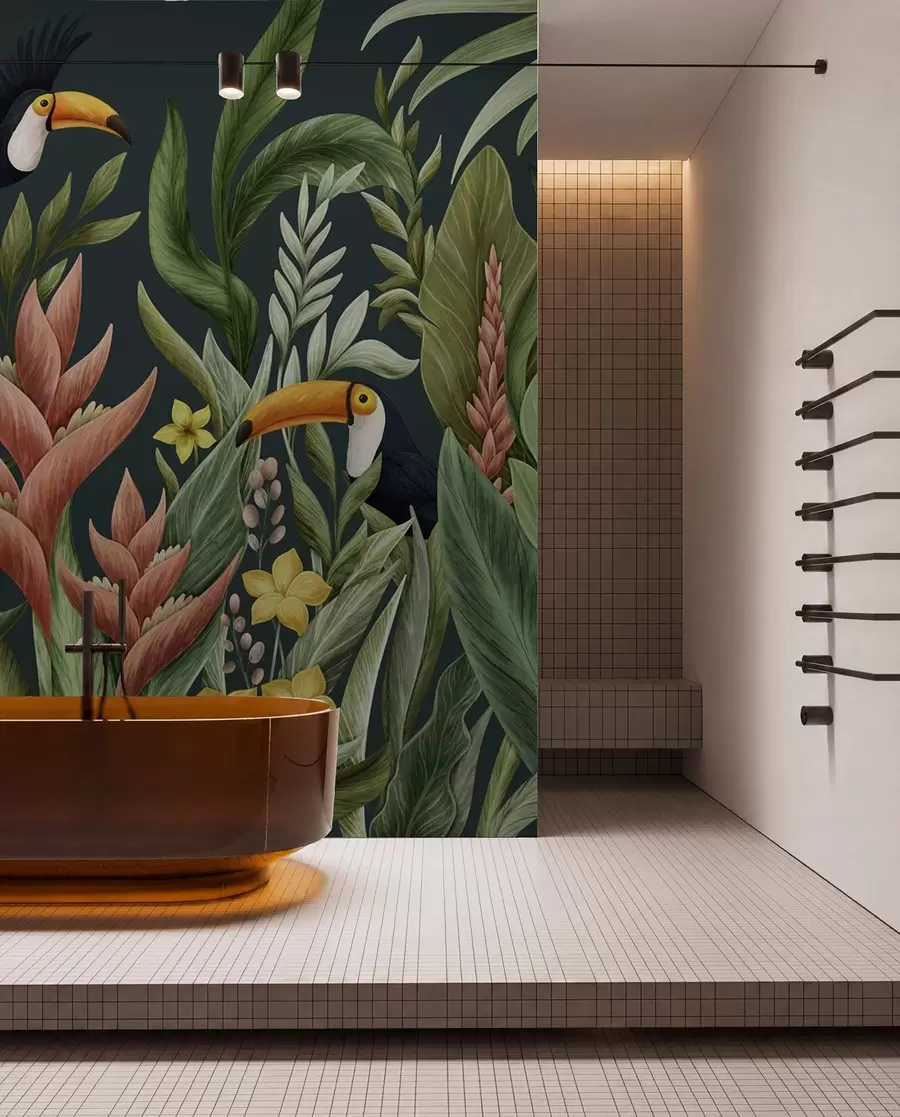 murais de parede Plantas tropicais e aves de bico grande sobre fundo escuro w05088v2