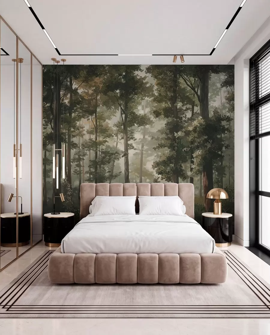 murais de parede Ilustração de floresta com neblina, árvores altas e um caminho w05089