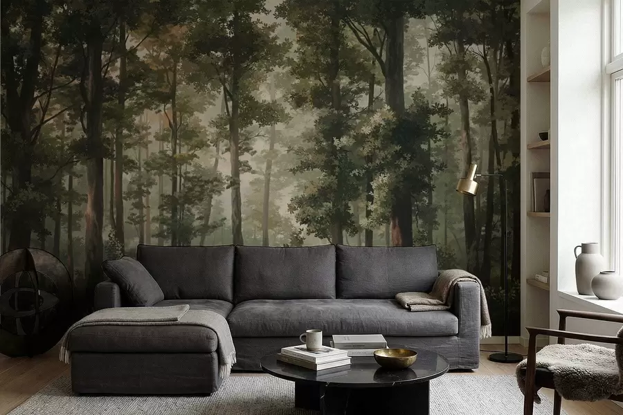 murais de parede Ilustração de floresta com neblina, árvores altas e um caminho w05089