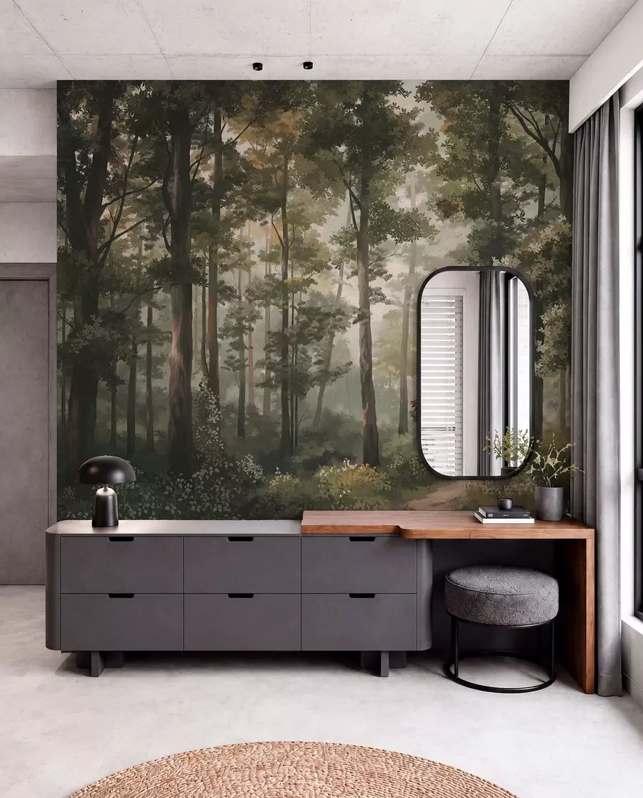 murais de parede Ilustração de floresta com neblina, árvores altas e um caminho w05089