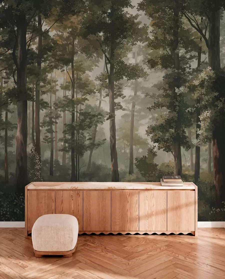 murais de parede Ilustração de floresta com neblina, árvores altas e um caminho w05089