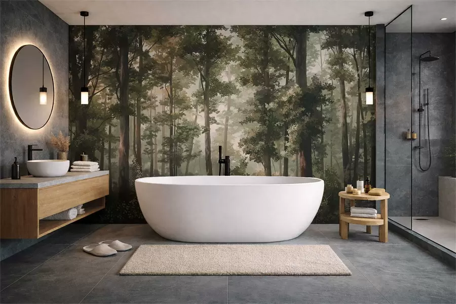 murais de parede Ilustração de floresta com neblina, árvores altas e um caminho w05089