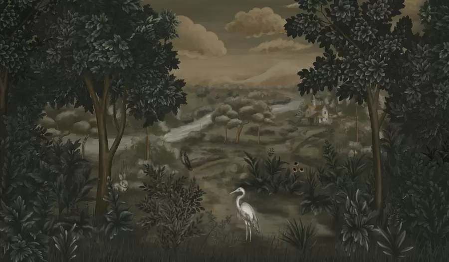 murais de parede Paisagem fantástica com rio, casa e pássaros entre as árvores w05090