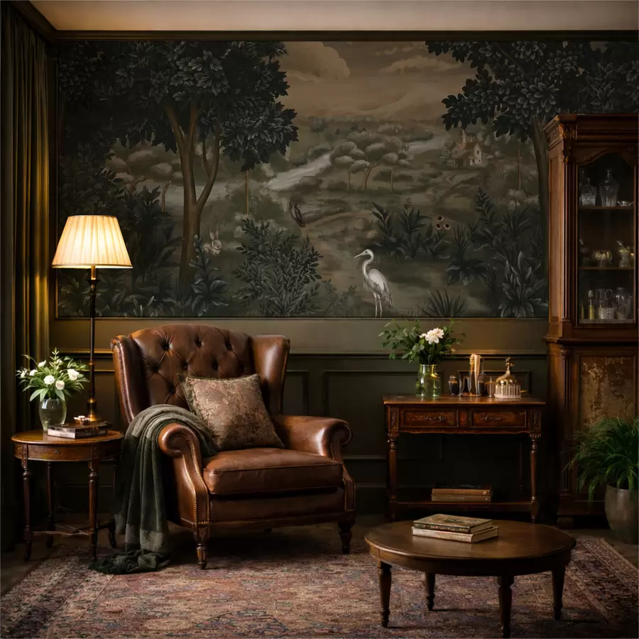 murais de parede Paisagem fantástica com rio, casa e pássaros entre as árvores w05090