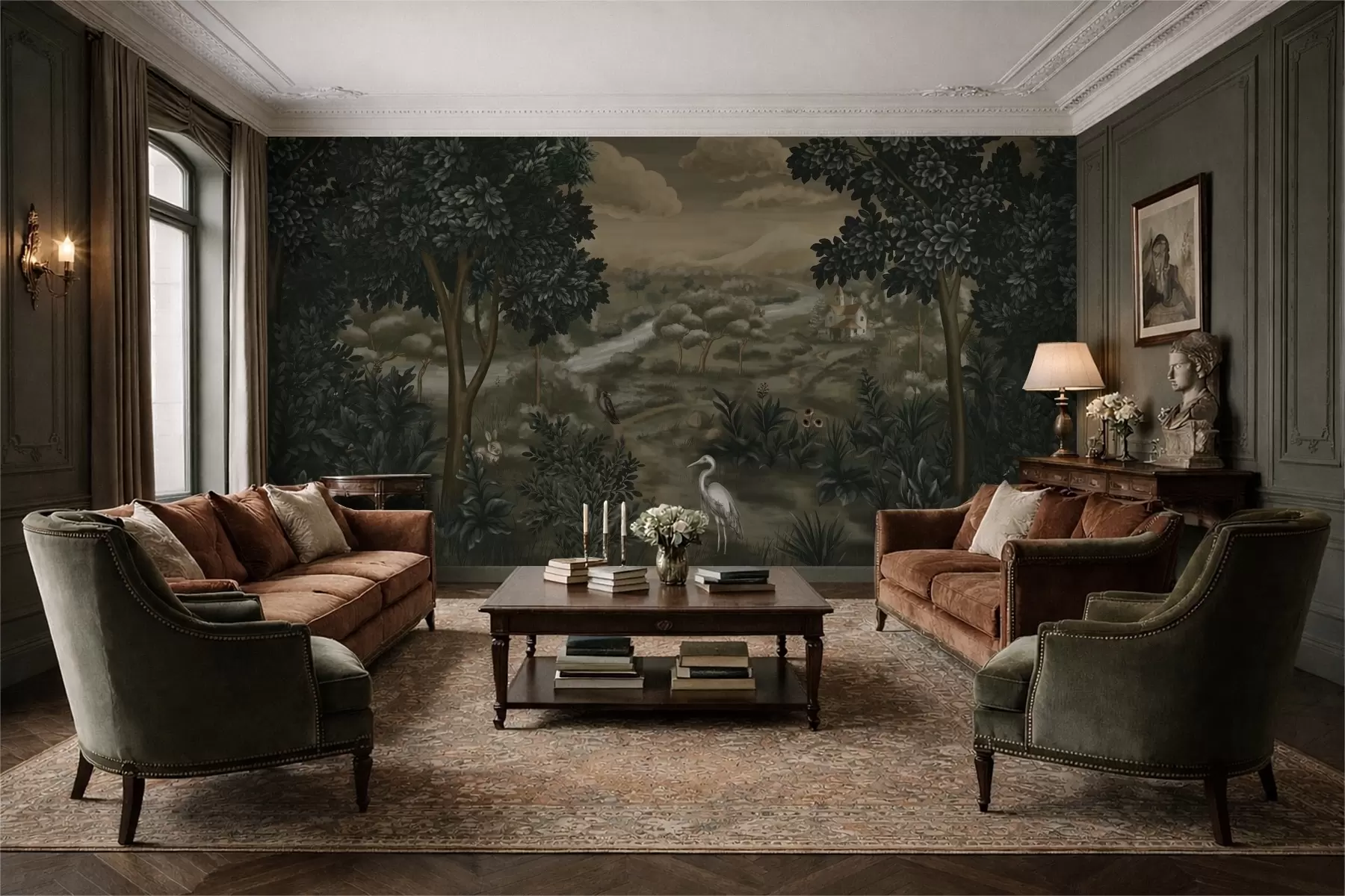 murais de parede Paisagem fantástica com rio, casa e pássaros entre as árvores w05090