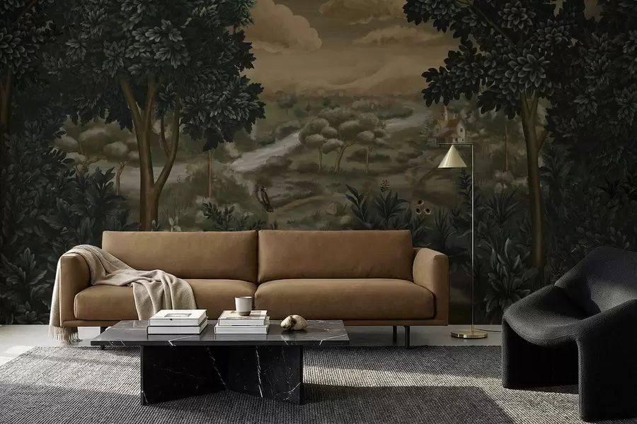 murais de parede Paisagem fantástica com rio, casa e pássaros entre as árvores w05090