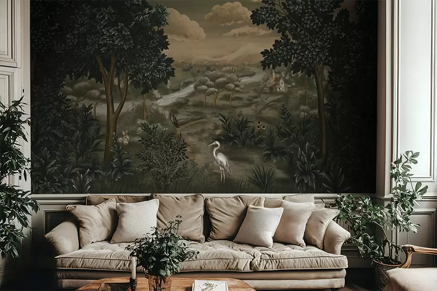 murais de parede Paisagem fantástica com rio, casa e pássaros entre as árvores w05090
