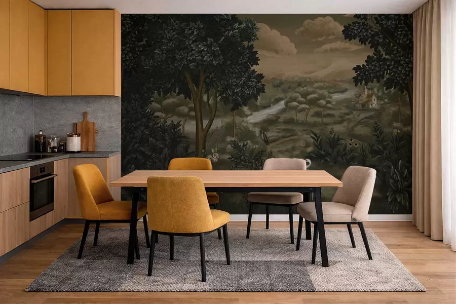 murais de parede Paisagem fantástica com rio, casa e pássaros entre as árvores w05090