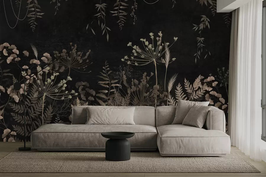 murais de parede Padrão botânico escuro com flores e folhas w05092