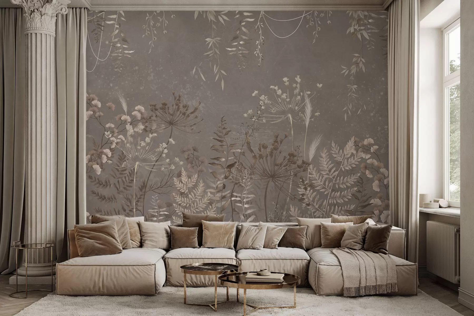 murais de parede Padrão botânico leve com flores e folhas w05092v1