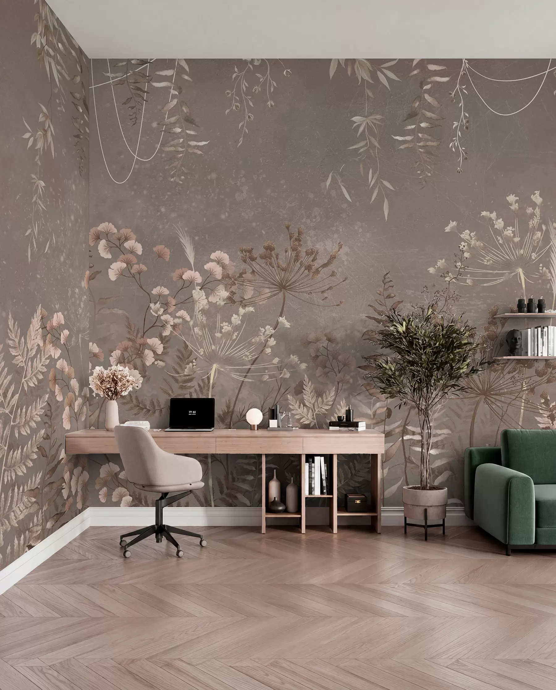 murais de parede Padrão botânico leve com flores e folhas w05092v1