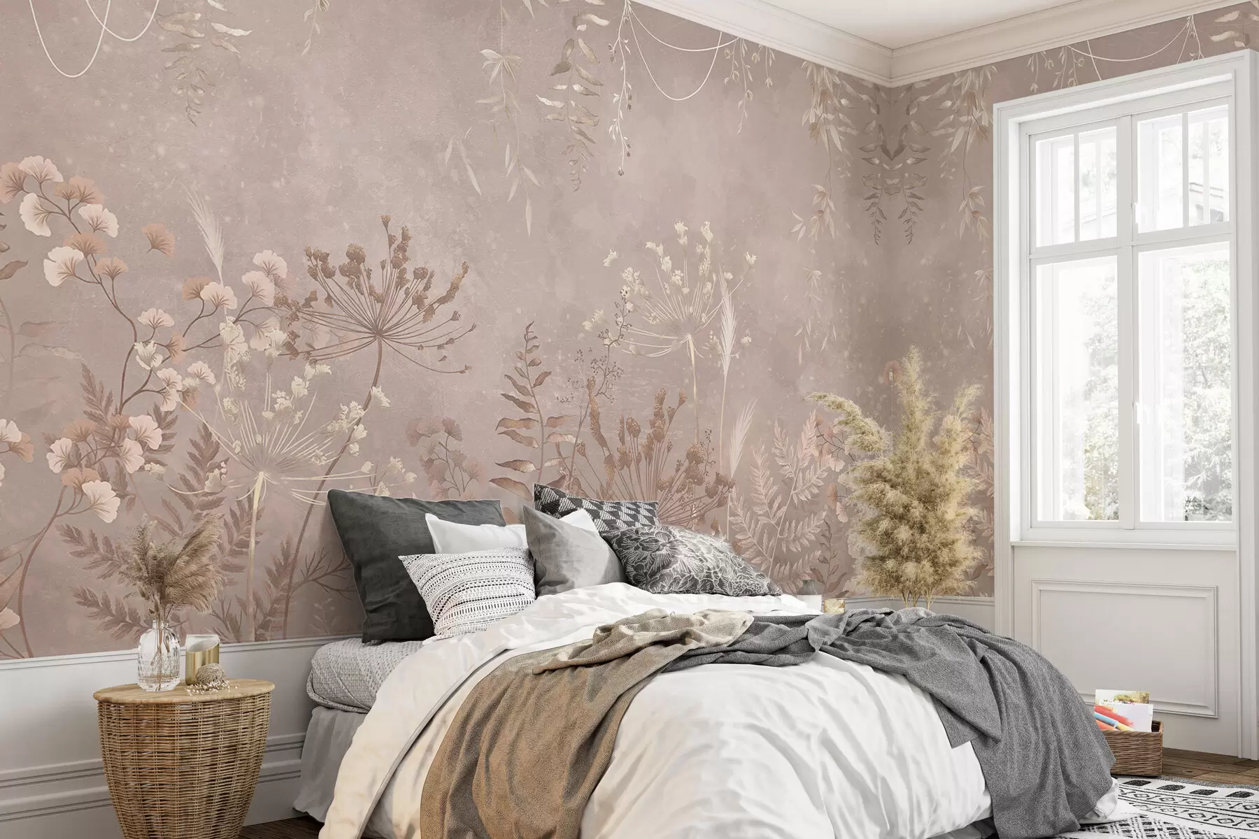 murais de parede Padrão botânico bege suave com flores silvestres w05092v2
