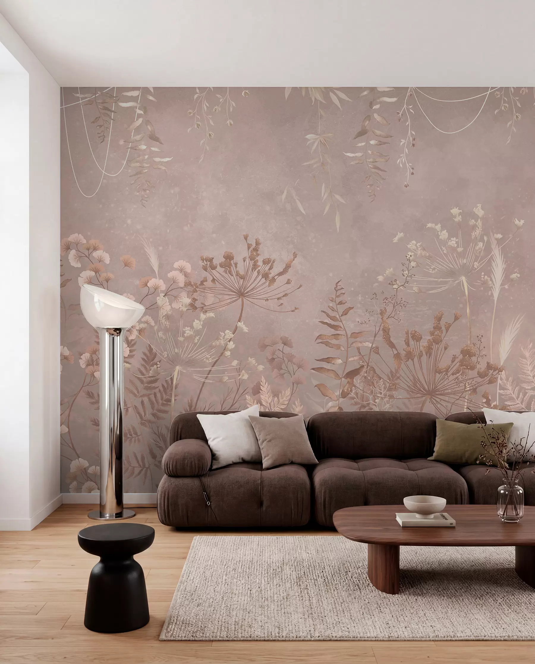 murais de parede Padrão botânico bege suave com flores silvestres w05092v2