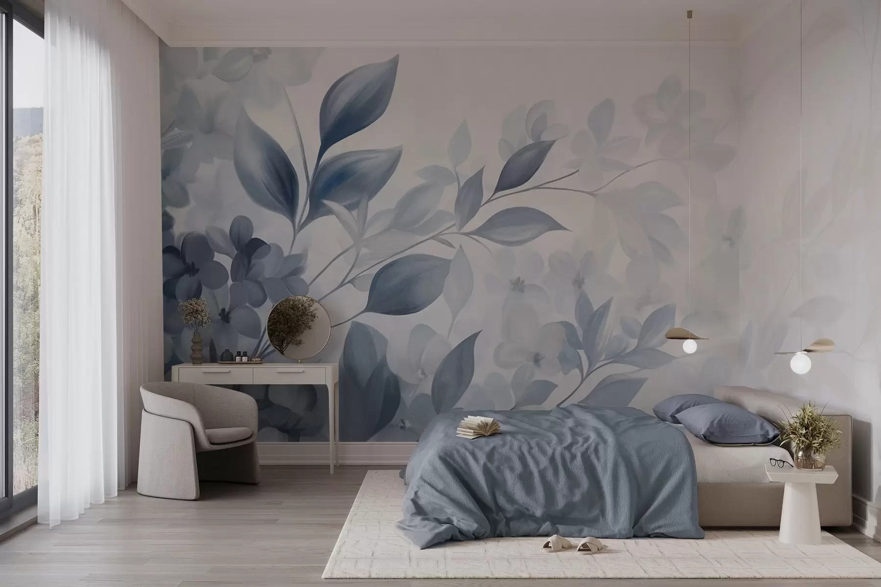 murais de parede Ramo azul e branco texturizado com flores e folhas esbatidas num fundo claro, ao estilo de pintura em aguarela w09543