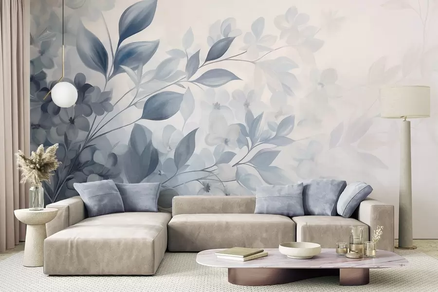 murais de parede Ramo azul e branco texturizado com flores e folhas esbatidas num fundo claro, ao estilo de pintura em aguarela w09543