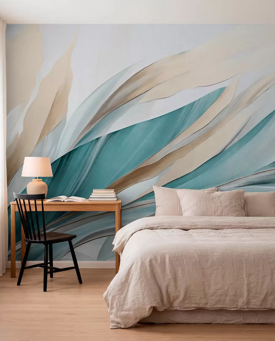murais de parede Ondas abstratas fluidas em tons de azul-petróleo e amarelo, com formas e linhas finas, contra um fundo branco, arte texturizada w09585