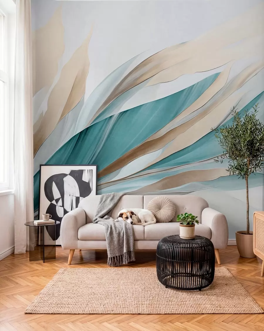 murais de parede Ondas abstratas fluidas em tons de azul-petróleo e amarelo, com formas e linhas finas, contra um fundo branco, arte texturizada w09585