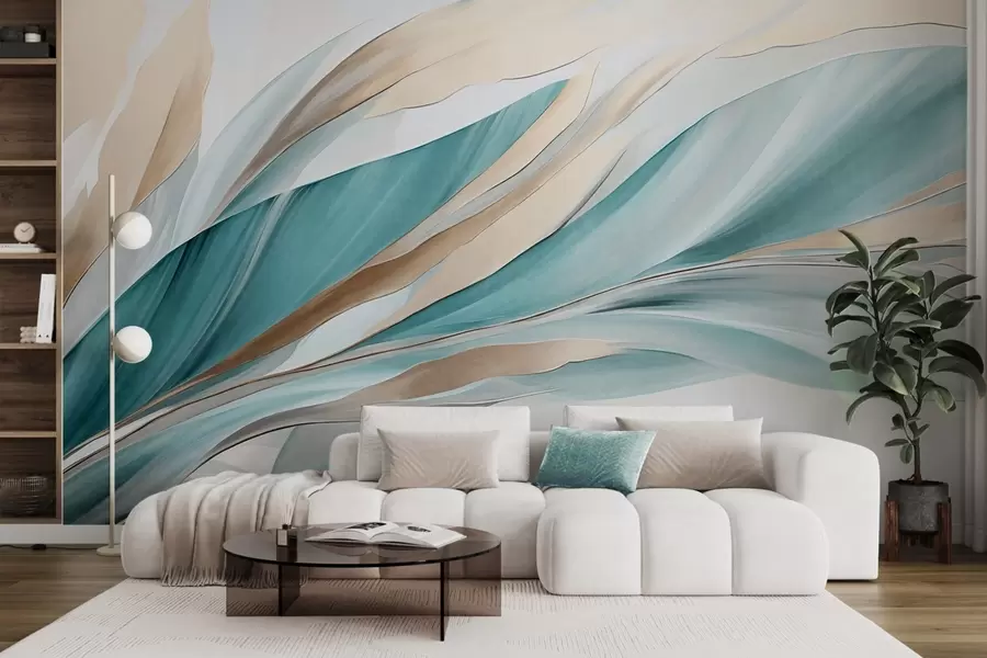 murais de parede Ondas abstratas fluidas em tons de azul-petróleo e amarelo, com formas e linhas finas, contra um fundo branco, arte texturizada w09585