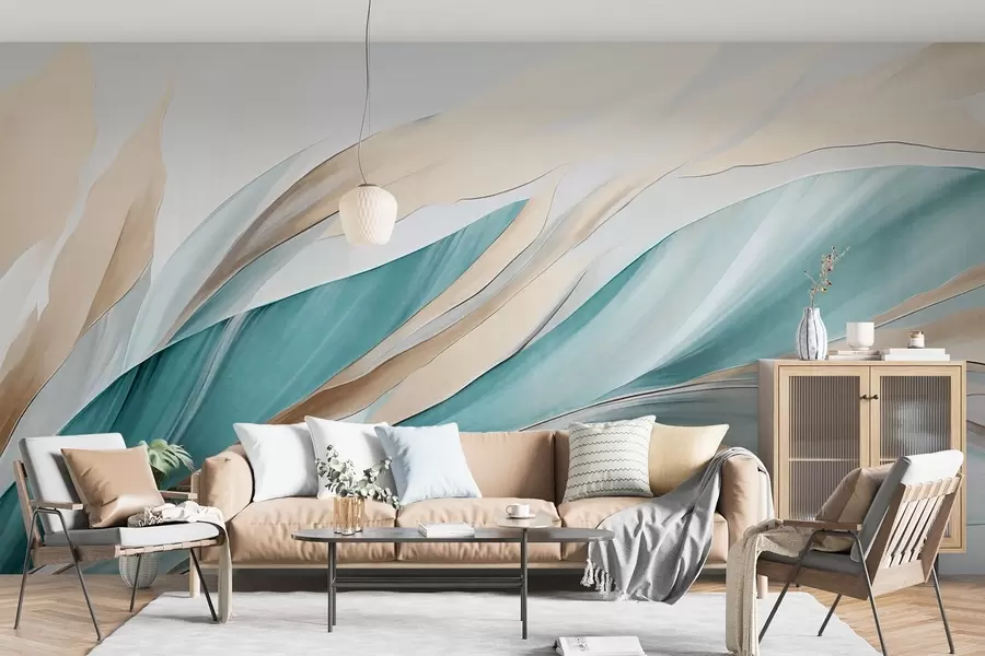 murais de parede Ondas abstratas fluidas em tons de azul-petróleo e amarelo, com formas e linhas finas, contra um fundo branco, arte texturizada w09585