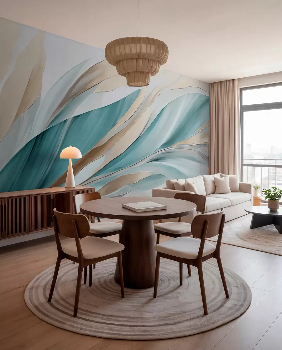 murais de parede Ondas abstratas fluidas em tons de azul-petróleo e amarelo, com formas e linhas finas, contra um fundo branco, arte texturizada w09585