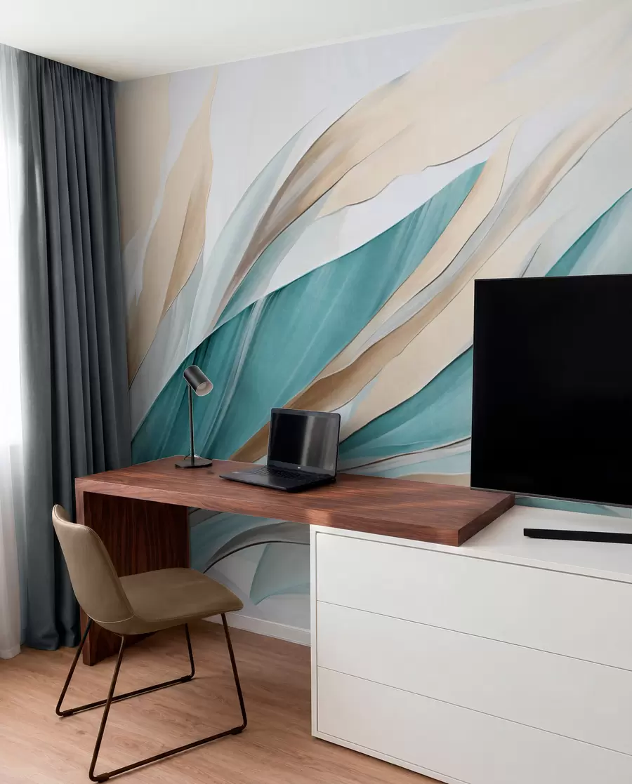 murais de parede Ondas abstratas fluidas em tons de azul-petróleo e amarelo, com formas e linhas finas, contra um fundo branco, arte texturizada w09585