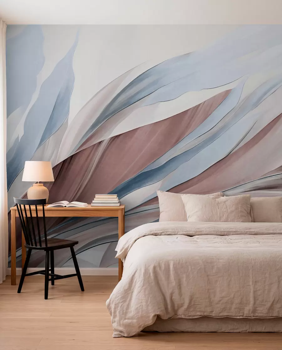 murais de parede Ondas abstratas fluidas em azul e castanho, com formas e linhas finas, contra um fundo branco, arte texturizada w09585v1