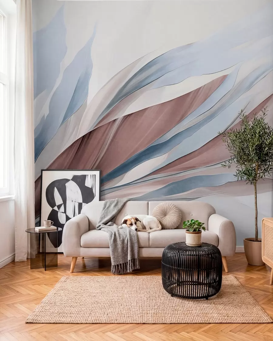 murais de parede Ondas abstratas fluidas em azul e castanho, com formas e linhas finas, contra um fundo branco, arte texturizada w09585v1
