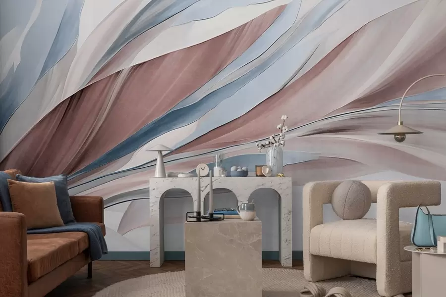 murais de parede Ondas abstratas fluidas em azul e castanho, com formas e linhas finas, contra um fundo branco, arte texturizada w09585v1