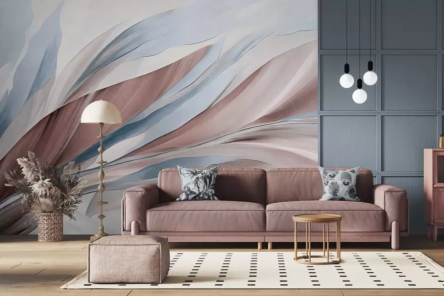 murais de parede Ondas abstratas fluidas em azul e castanho, com formas e linhas finas, contra um fundo branco, arte texturizada w09585v1