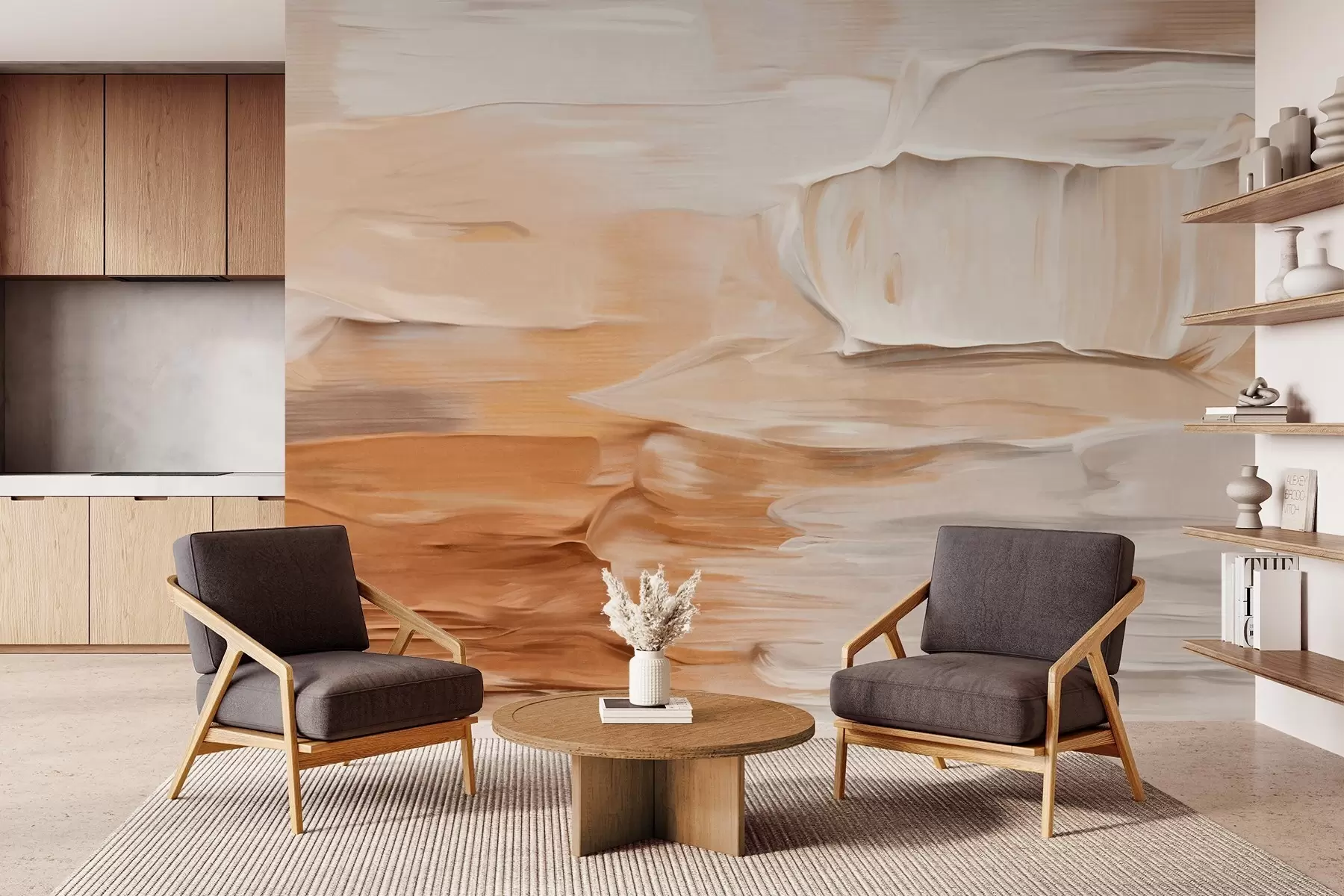 murais de parede Imitacão de pinceladas abstratas texturizadas em tons quentes terrosos de bege, creme e castanho, arte moderna w09588