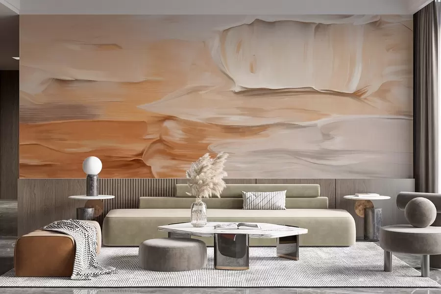 murais de parede Imitacão de pinceladas abstratas texturizadas em tons quentes terrosos de bege, creme e castanho, arte moderna w09588