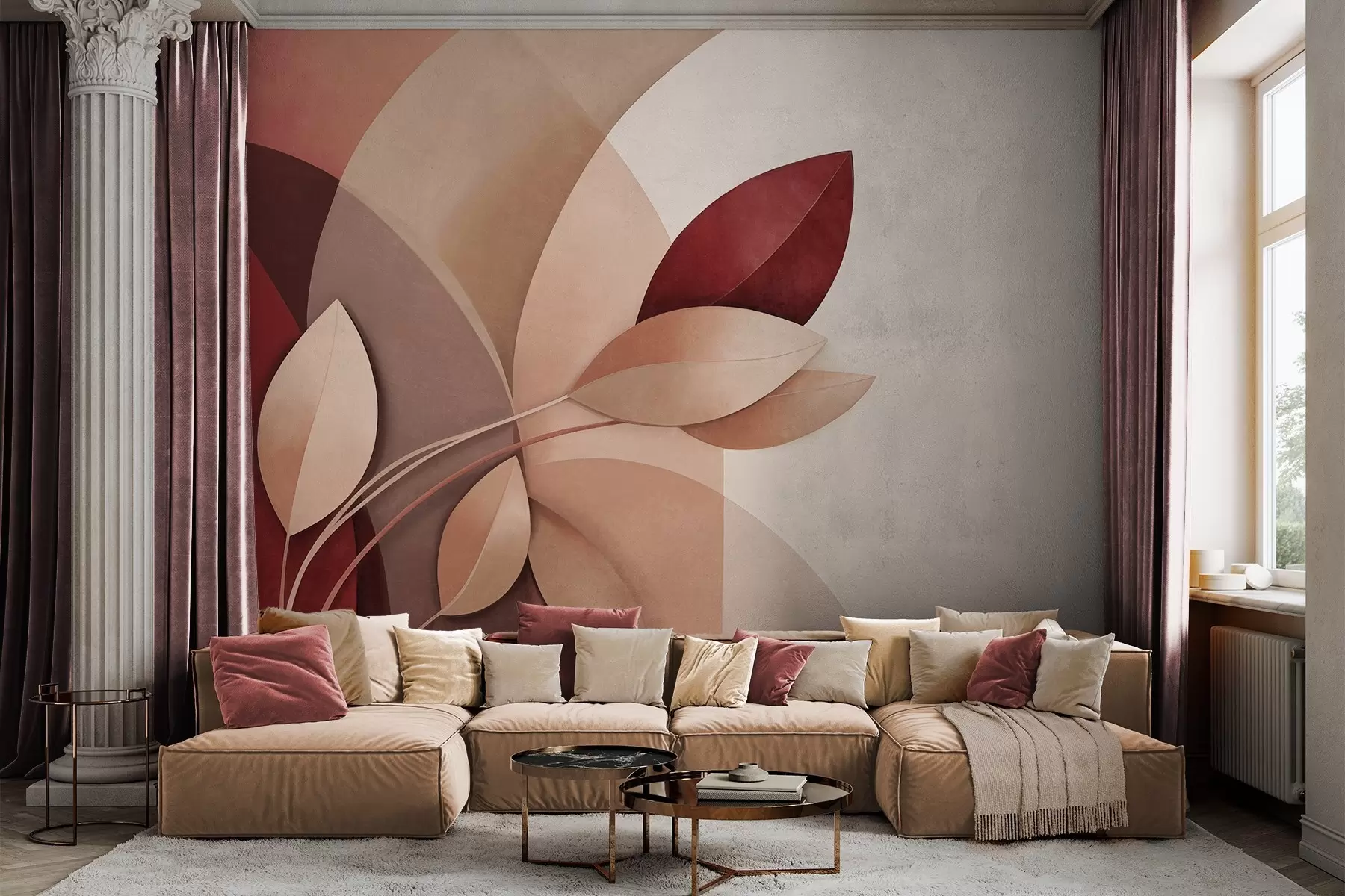 murais de parede Ramo abstrato texturizado com folhas em tons de castanho, bege e vermelho, contra um fundo de formas abstratas w09618