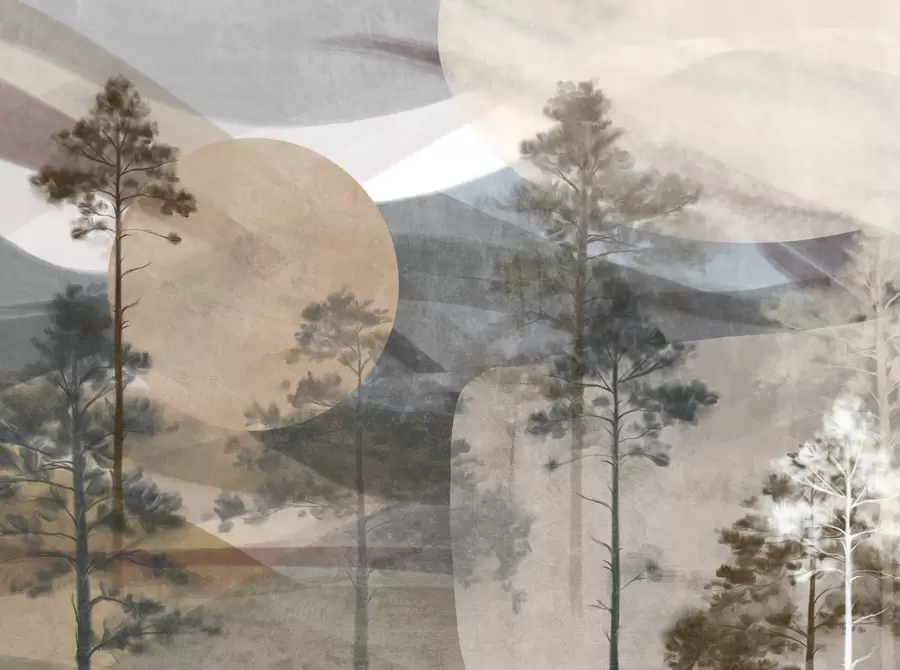 murais de parede Pinheiros altos numa paisagem com textura suave, formas circulares abstratas e montanhas em camadas em tons terrosos w09636