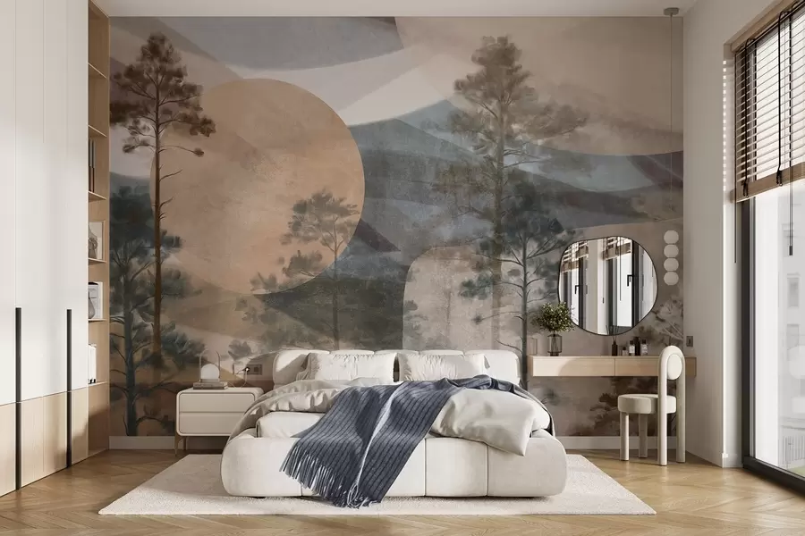 murais de parede Pinheiros altos numa paisagem com textura suave, formas circulares abstratas e montanhas em camadas em tons terrosos w09636