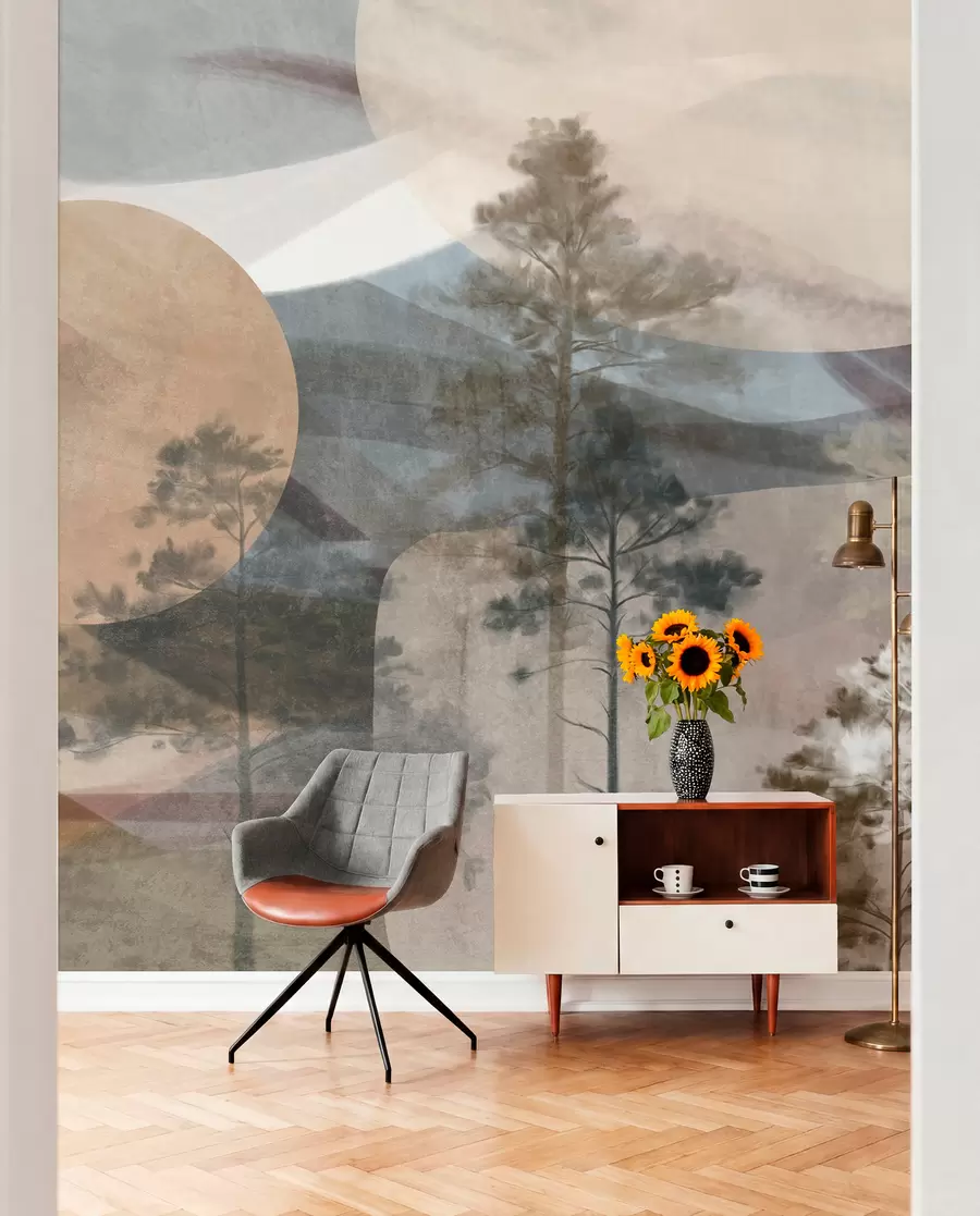 murais de parede Pinheiros altos numa paisagem com textura suave, formas circulares abstratas e montanhas em camadas em tons terrosos w09636