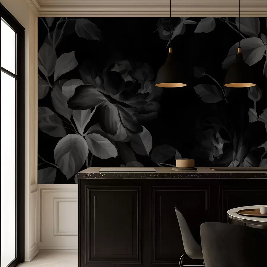 murais de parede rosas pitorescas a preto e branco ao estilo da pintura a óleo  w04873v1
