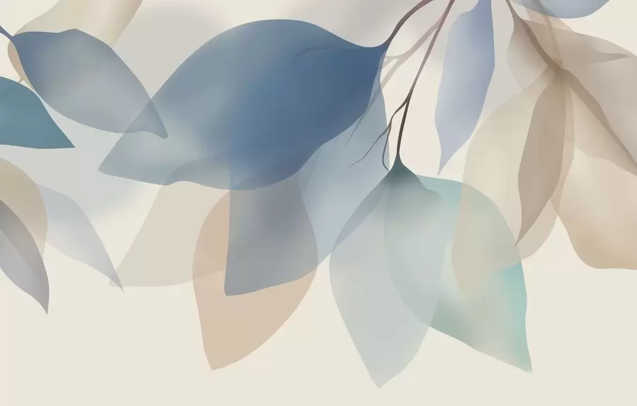 murais de parede folhas elegantes e semitransparentes em tons de azul e bege w05060