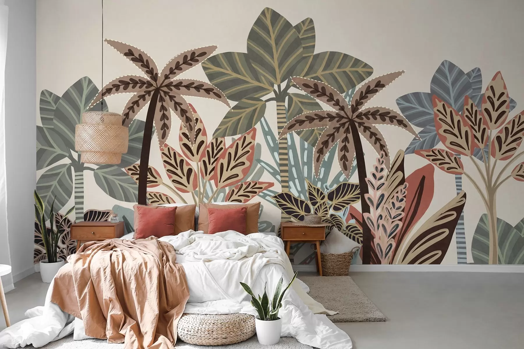 murais de parede Plantas tropicais texturizadas e palmeiras com cores suaves em estilo boho decorativo contra um fundo creme w09639