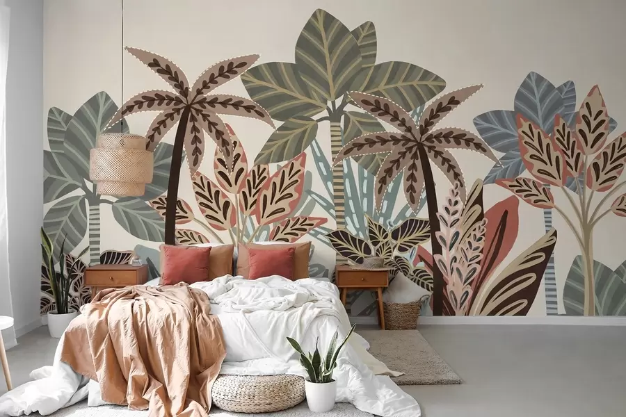murais de parede Plantas tropicais texturizadas e palmeiras com cores suaves em estilo boho decorativo contra um fundo creme w09639