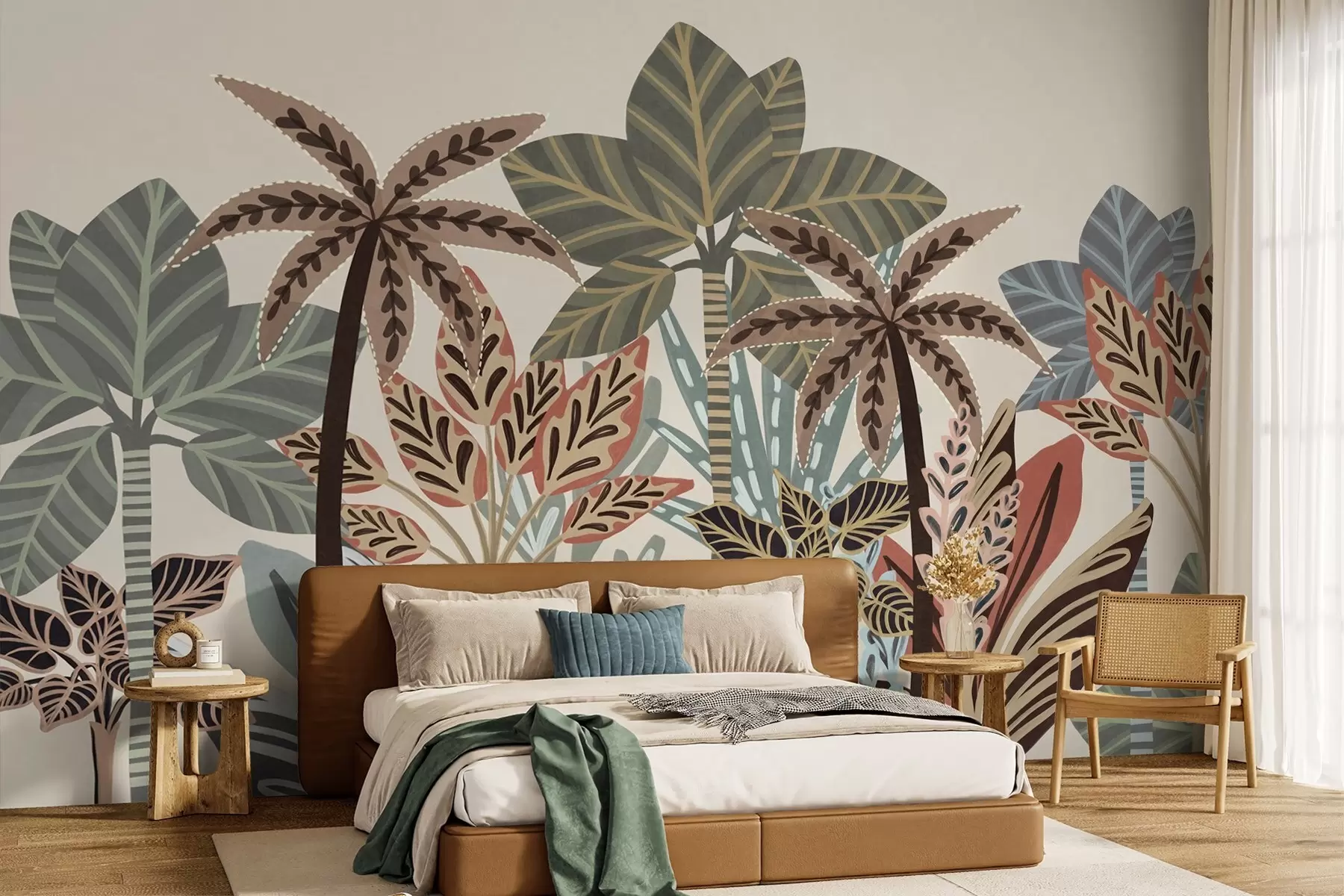 murais de parede Plantas tropicais texturizadas e palmeiras com cores suaves em estilo boho decorativo contra um fundo creme w09639