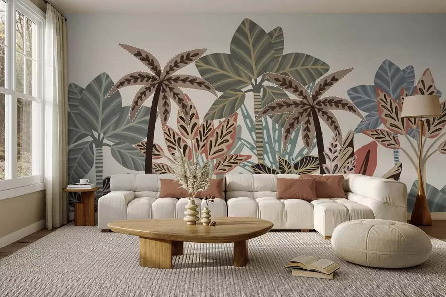 murais de parede Plantas tropicais texturizadas e palmeiras com cores suaves em estilo boho decorativo contra um fundo creme w09639