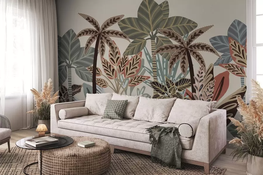murais de parede Plantas tropicais texturizadas e palmeiras com cores suaves em estilo boho decorativo contra um fundo creme w09639