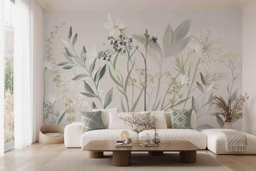 murais de parede Flores silvestres e folhagem com textura delicada em tons suaves de verde e creme contra um fundo bege suave w09641