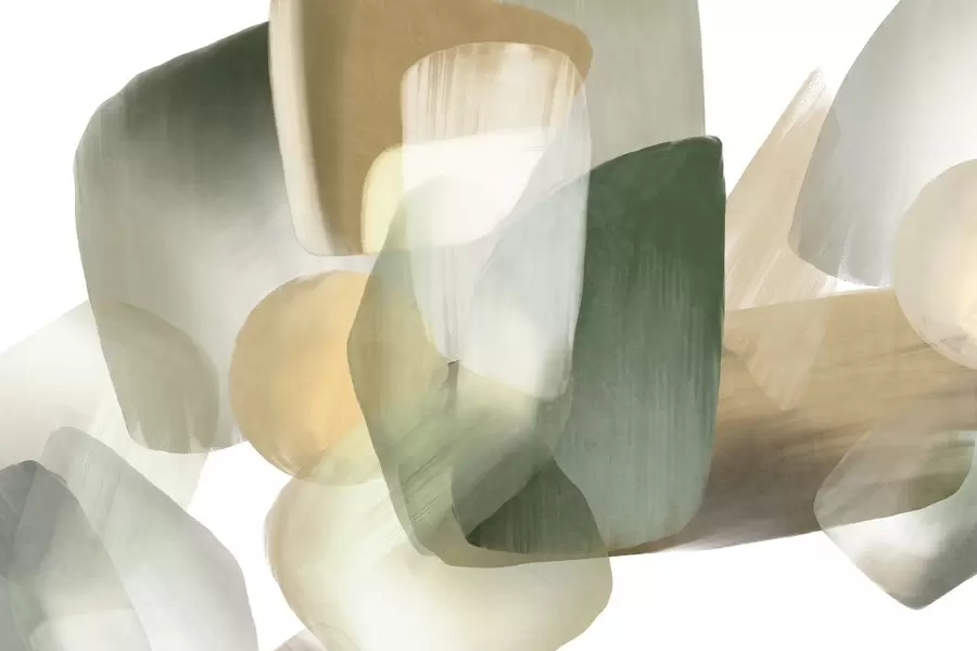 murais de parede Formas abstratas texturizadas em tons suaves de verde e bege, com bordas suaves e camadas sobrepostas w09642