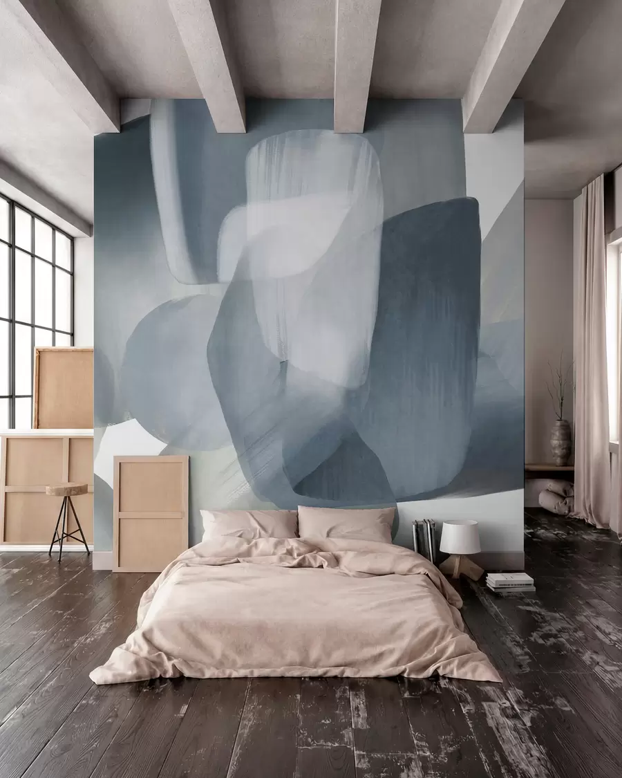 murais de parede Formas abstratas texturizadas em tons suaves de azul e cinza, com bordas suaves e camadas sobrepostas w09642v1