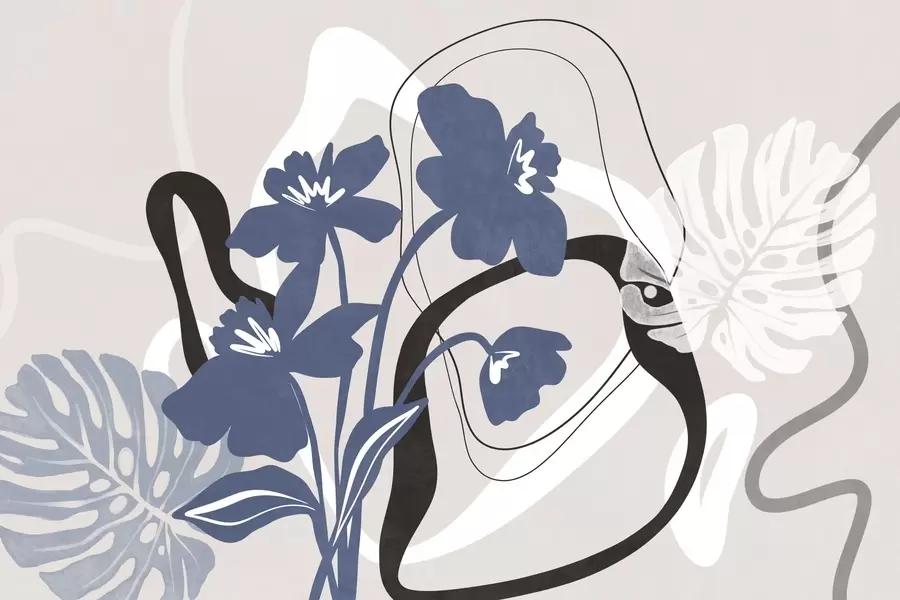 murais de parede Flores azuis abstratas com textura e formas brancas e pretas sobre um fundo bege claro, arte minimalista w09645