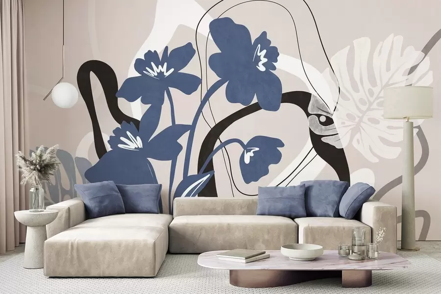 murais de parede Flores azuis abstratas com textura e formas brancas e pretas sobre um fundo bege claro, arte minimalista w09645